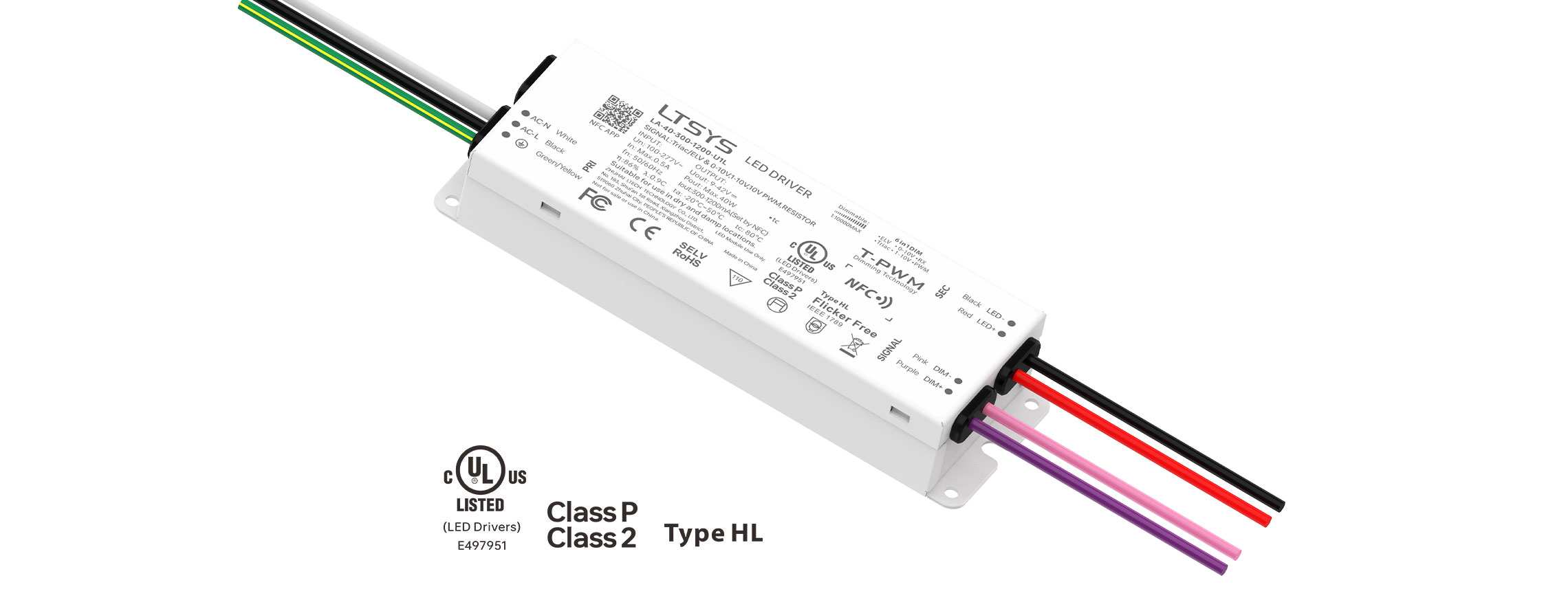 40W 300-1200mA UL Certification NFC CC Triac/0-10V LED Driver LA-40-300-1200-U1L