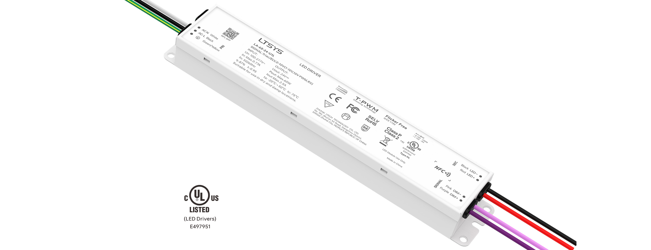 60W  24V UL Certification NFC CV Triac/0-10V LED driver LA-60-24-U1L