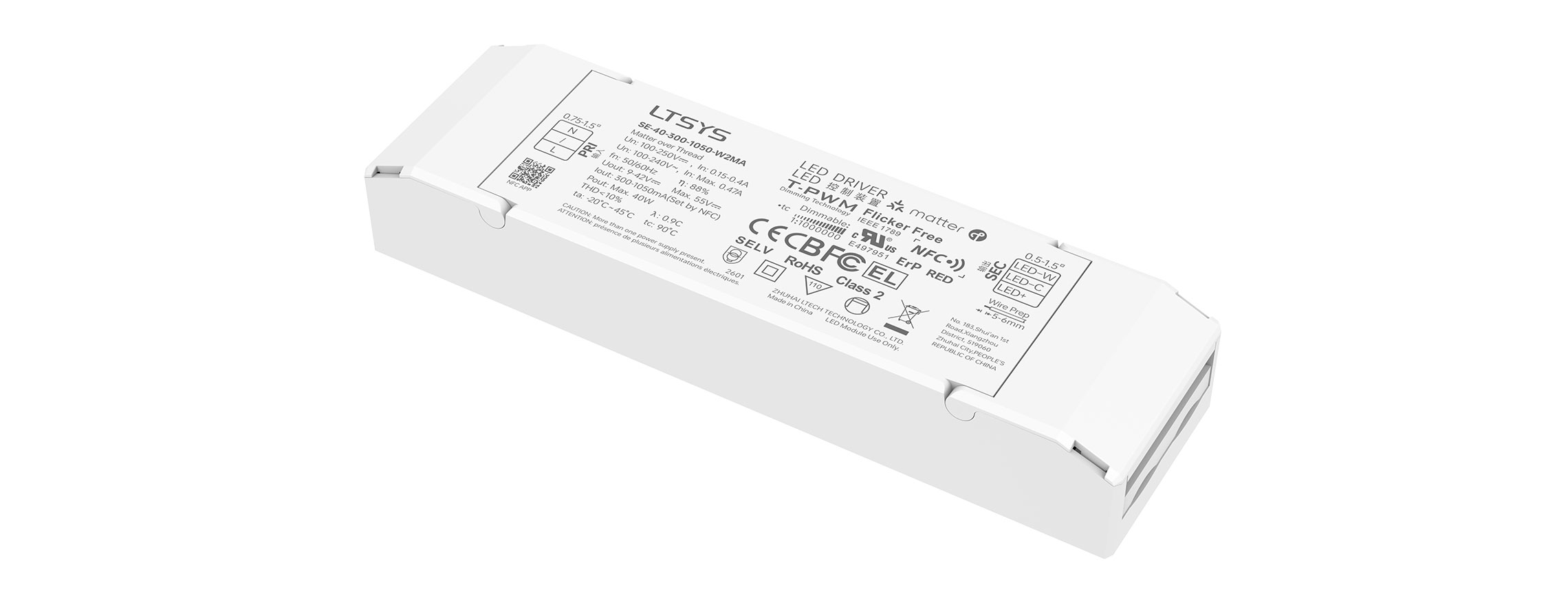 40W 300-1050mA NFC CC Matter Tunable White LED Driver SE-40-300-1050-W2MA